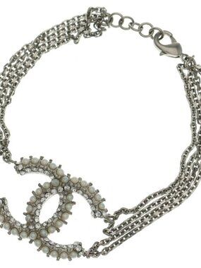 Chanel CC Logo Faux Pearl Rhinestone Bracelet Silver Chain